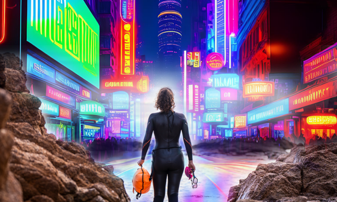A diver entering a futuristic city representing breaking boundaries for business expansion