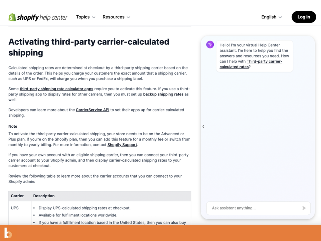 A photo showing Shopify Help Center page about Activating third-party carrier-calculated shipping